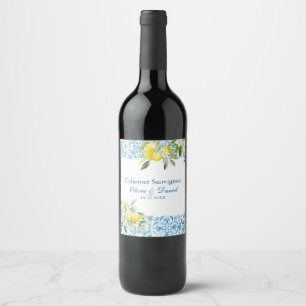 Étiquette Pour Bouteilles De Vin Carrelage bleu méditerranéen & Mariage citron