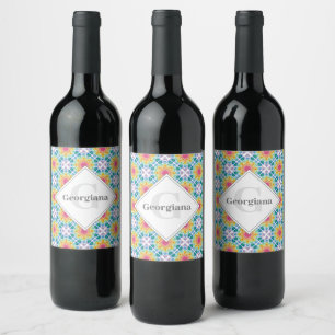 Étiquette Pour Bouteilles De Vin Carrelage diamant Mandala Flore arc-en-ciel person