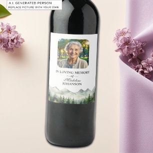 Étiquette Pour Bouteilles De Vin Célébration de la vie funéraire Montagnes et Arbre