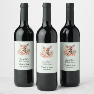 Étiquette Pour Bouteilles De Vin Cerf Mignonne Entouré De Merci Rose