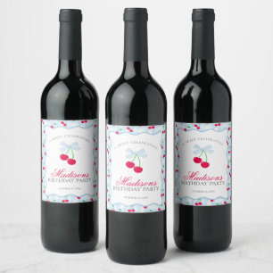 Étiquette Pour Bouteilles De Vin Cerise Sweet Bleu Coquette Bow En vichy Anniversai