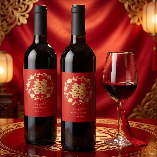 Étiquette Pour Bouteilles De Vin Charming Glitter Floral Chinese Double Happiness