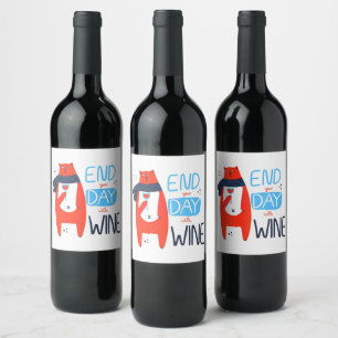 Étiquette Pour Bouteilles De Vin Chat Drôle Terminez Votre Journée Avec du Vin