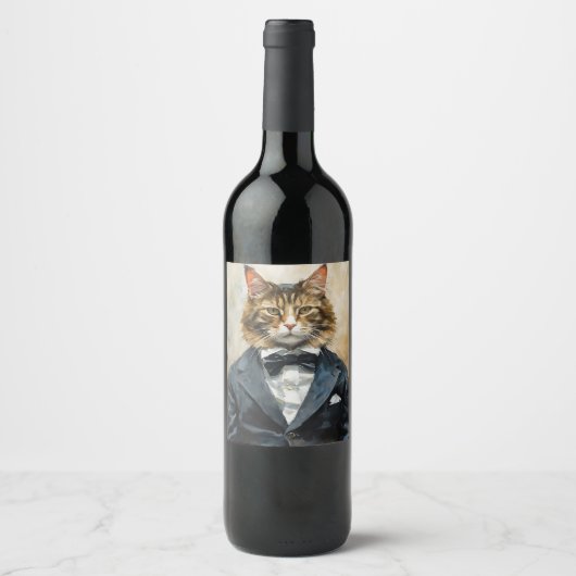 Étiquette Pour Bouteilles De Vin Chat en costume (Devant)
