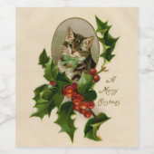 Étiquette Pour Bouteilles De Vin Chat Noël Joyeux Holly Kitty Art antique (Étiquettes simples)