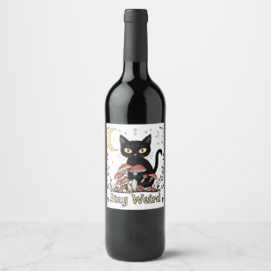 Étiquette Pour Bouteilles De Vin Chat noir fantaisiste encadré par des champignons