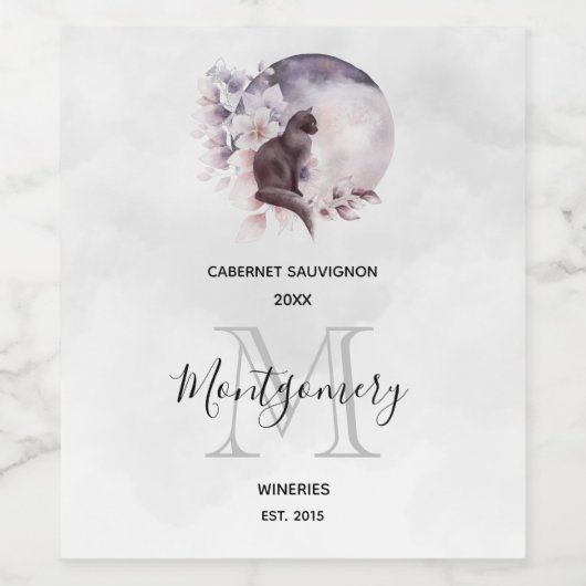 Étiquette Pour Bouteilles De Vin Chat noir par une Pleine lune magique vinification (Étiquettes simples)