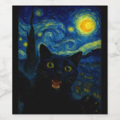 Étiquette Pour Bouteilles De Vin Chat noir Starry Nuit Van Gogh Chat Selfie (Étiquettes simples)