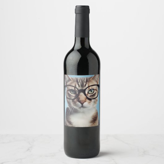 Étiquette Pour Bouteilles De Vin Chat Portant des lunettes (Devant)