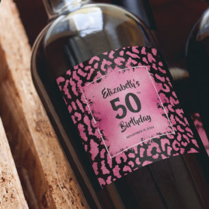 Étiquette Pour Bouteilles De Vin Chaud rose léopard Motif 50e anniversaire Personna
