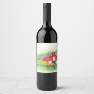 Étiquette Pour Bouteilles De Vin Cheval illustré Grange rouge et tournesol