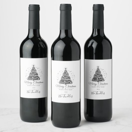 Étiquette Pour Bouteilles De Vin Chic Elegant Black White Script Christmas Tree (Bouteilles)