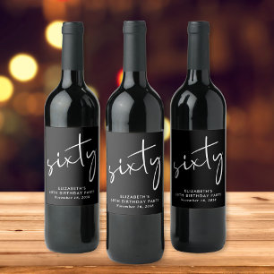 Étiquette Pour Bouteilles De Vin Chic noir blanc 60e fête d'anniversaire