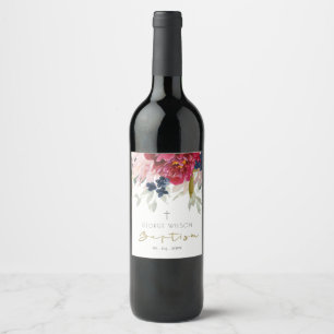 Étiquette Pour Bouteilles De Vin Chic Rouge Bourgogne Bleu Bleu Or Floral Baptême