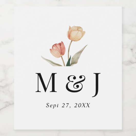 Étiquette Pour Bouteilles De Vin Chic Tulipes romantiques Aquarelle Monogramme Mari (Étiquettes simples)
