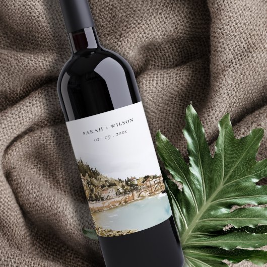 Étiquette Pour Bouteilles De Vin Chic Vérone Adige River Italie Mariage d'aquarelle