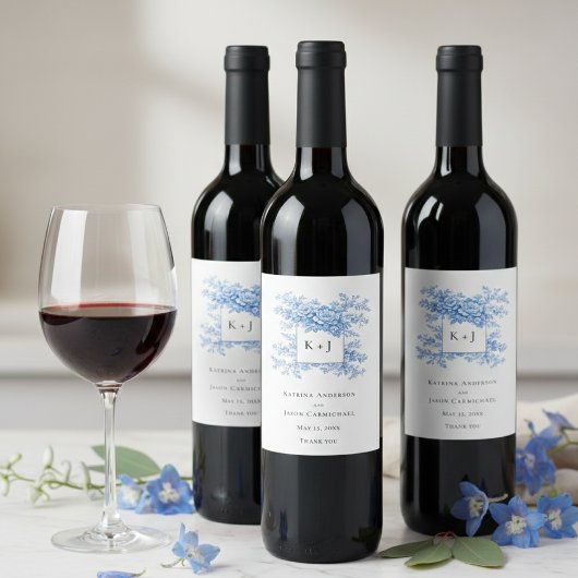 Étiquette Pour Bouteilles De Vin Chinoiserie Blue Floral Classic Wedding Monogram
