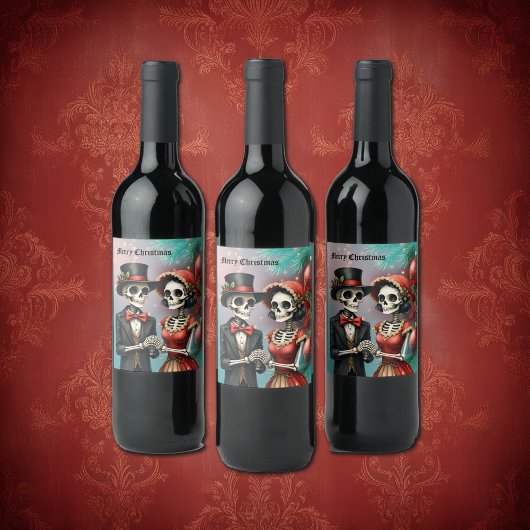 Étiquette Pour Bouteilles De Vin Christmas Bone Romance, A festive skeleton couple.