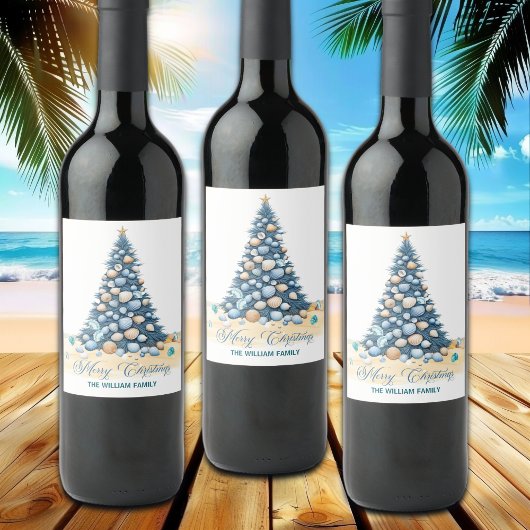 Étiquette Pour Bouteilles De Vin Christmas Tree Beach Merry Christmas