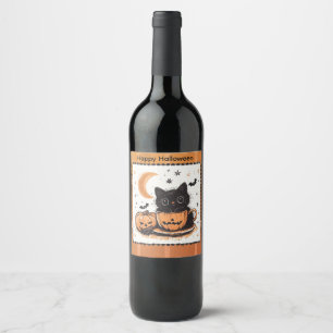 Étiquette Pour Bouteilles De Vin Citrouille de chat mignon Halloween