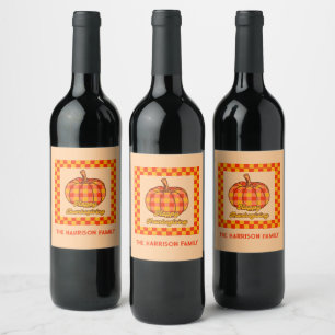 Étiquette Pour Bouteilles De Vin Citrouille Super rétro À damiers Thanksgiving