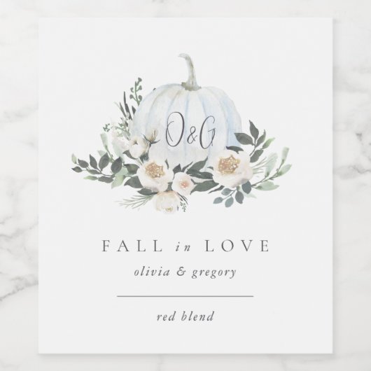 Étiquette Pour Bouteilles De Vin Citrouille verte d'automne blanc "Tombez amoureux" (Étiquettes simples)