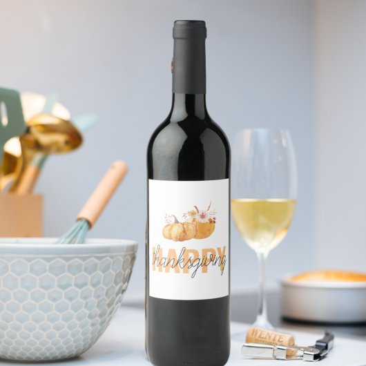Étiquette Pour Bouteilles De Vin Citrouilles d'aquarelle et Bon thanksgiving orange