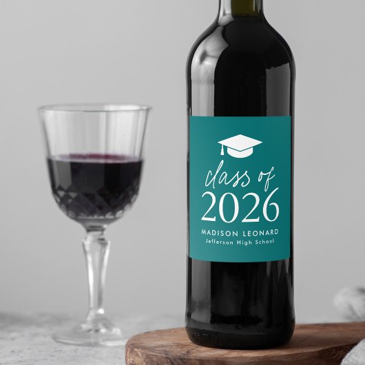 Étiquette Pour Bouteilles De Vin Classe moderne de 2025 Script Graduation Turquoise