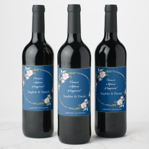 Étiquette Pour Bouteilles De Vin Classe or Elégant Fleurs roses Bleues Mariage en f