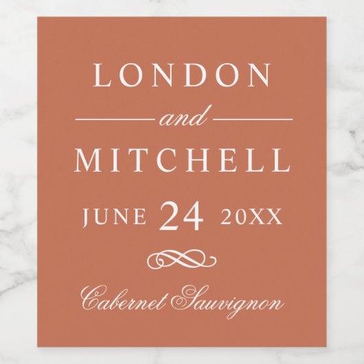 Étiquette Pour Bouteilles De Vin Classic Elegant Terracotta Orange Mariage Monogram (Étiquettes simples)