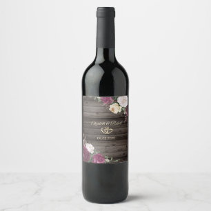 Étiquette Pour Bouteilles De Vin Cœurs dorés fleurs bordeaux bois