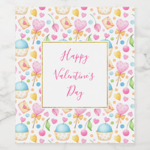 Étiquette Pour Bouteilles De Vin Coeurs et muffins Aquarelle Motif Valentine's