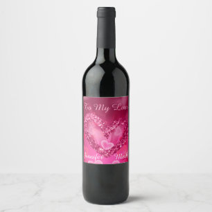 Étiquette Pour Bouteilles De Vin Coeurs roses de parties scintillantes de Faux et