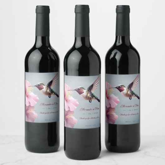 Étiquette Pour Bouteilles De Vin Colibri et Mariage d'Hibiscus | Bleu (Bouteilles)
