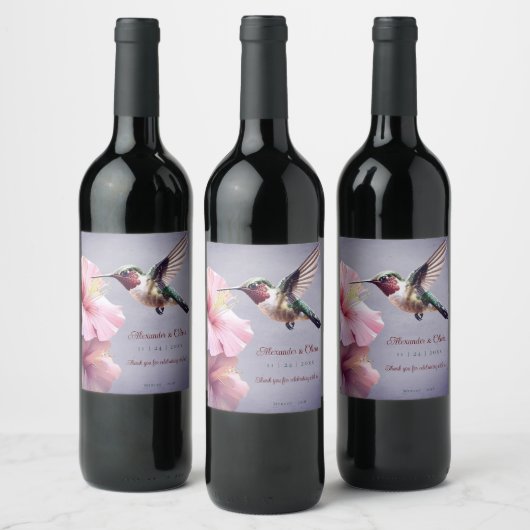 Étiquette Pour Bouteilles De Vin Colibri et Mariage d'Hibiscus | Pourpre (Bouteilles)