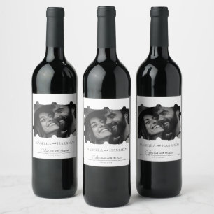 Étiquette Pour Bouteilles De Vin Collage de puzzle Photo Mariage noir et blanc