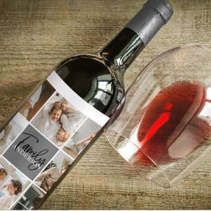 Étiquette Pour Bouteilles De Vin Collage familial photo et cadeau gris personnalisé