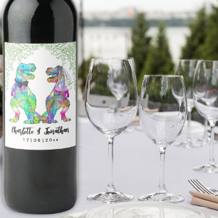 Étiquette Pour Bouteilles De Vin Coloré T-Rex Bride et Mariage de dinosaure de cham