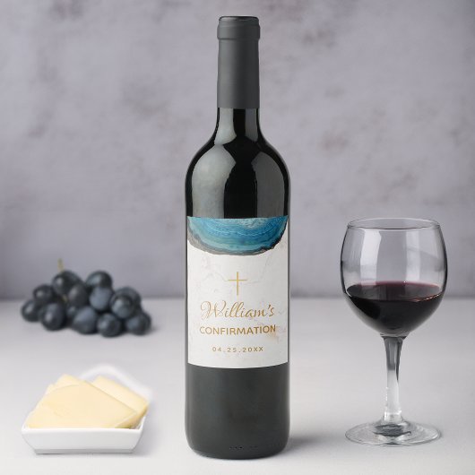 Étiquette Pour Bouteilles De Vin Confirmation Garçon Blue Geode Gold Marble Script