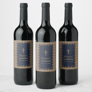 Étiquette Pour Bouteilles De Vin Confirmation Garçon Vintage Marine Bleu Or Élégant