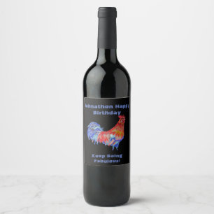 Étiquette Pour Bouteilles De Vin Coq Rouge Aquarelle Nom d'Homme Joyeux Anniversair