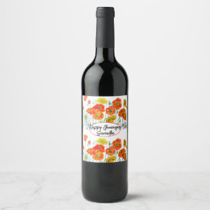 Étiquette Pour Bouteilles De Vin Coquelicot Rouge Orange Fleur Aquarelle Anniversai
