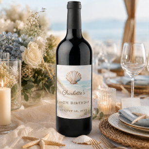 Étiquette Pour Bouteilles De Vin Coquillage côtier de plage d'anniversaire