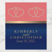 Étiquette Pour Bouteilles De Vin Corail et Marine, Coeurs d'or (Étiquettes simples)