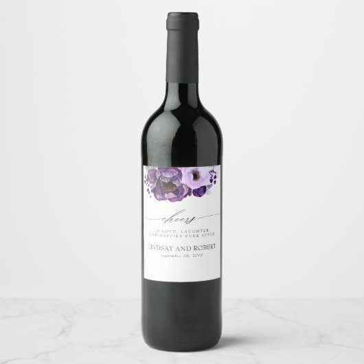 Étiquette Pour Bouteilles De Vin Couleurs violettes Fleurs romantiques Mariage spéc (Devant)
