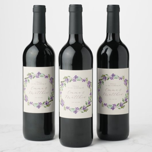 Étiquette Pour Bouteilles De Vin Couronne botanique à fleurs violettes Script (Bouteilles)