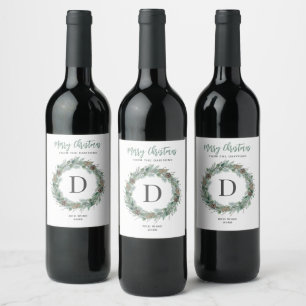 Étiquette Pour Bouteilles De Vin Couronne de Noël Monogramme Élégante Blanche et Ve
