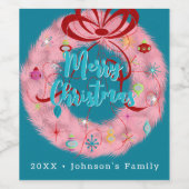 Étiquette Pour Bouteilles De Vin Couronne de Noël rose rétro (Étiquettes simples)