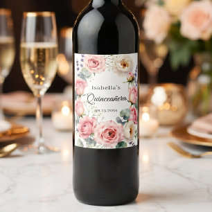 Étiquette Pour Bouteilles De Vin Couronne de Quinceañera florale rose poudrée aquar