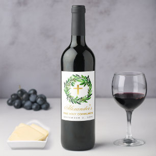 Étiquette Pour Bouteilles De Vin Couronne de verdure de première communion avec cro